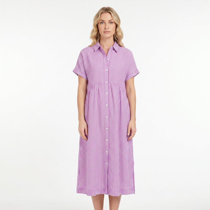 Women's Striped Linen Shirt Dress Short Sleeve Button Down Midi