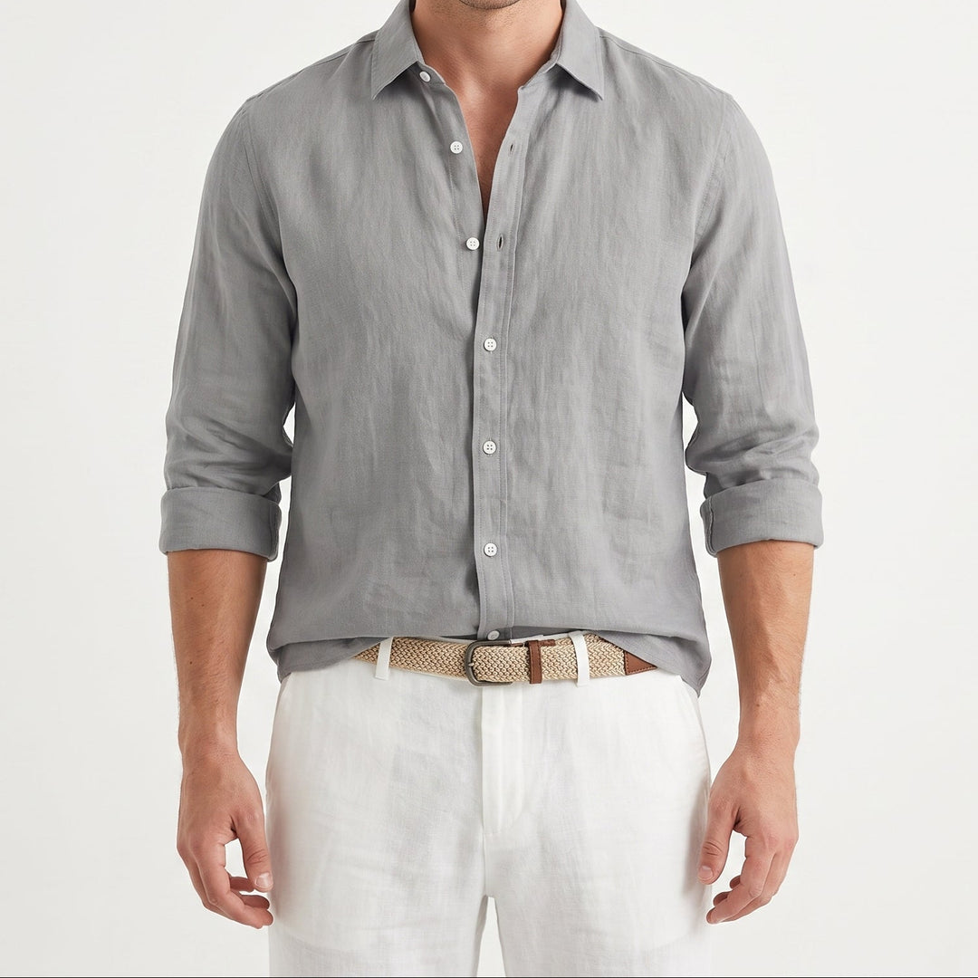 Men's Linen Long Sleeve Shirt Slim Fit Button-Down Casual Summer Shirt