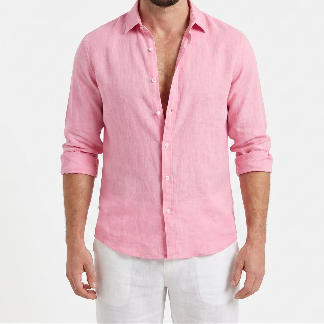 Men's Linen Long Sleeve Shirt Slim Fit Button-Down Casual Summer Shirt