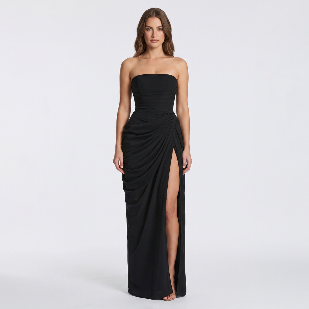 Women's Strapless Maxi Dress Ruched Draped High Split Formal Gown