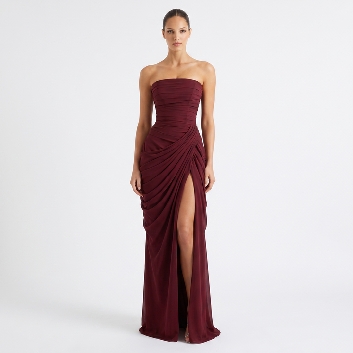 Women's Strapless Maxi Dress Ruched Draped High Split Formal Gown
