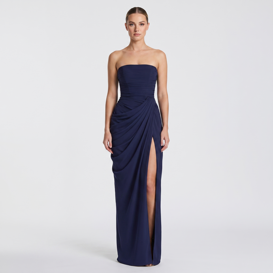 Women's Strapless Maxi Dress Ruched Draped High Split Formal Gown