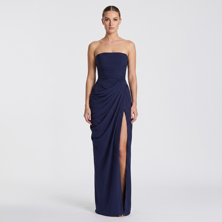 Women's Strapless Maxi Dress Ruched Draped High Split Formal Gown