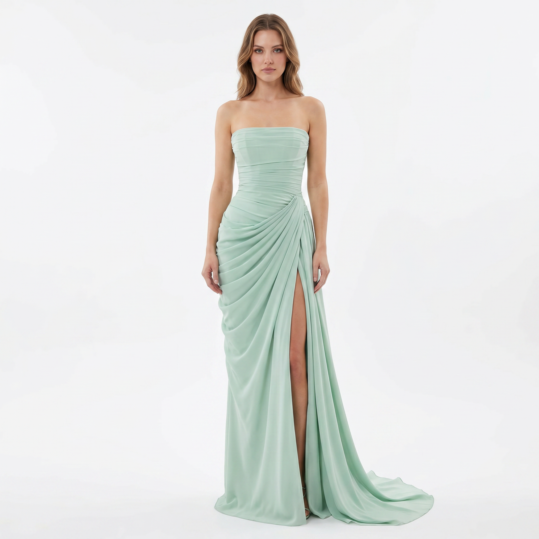 Women's Strapless Maxi Dress Ruched Draped High Split Formal Gown
