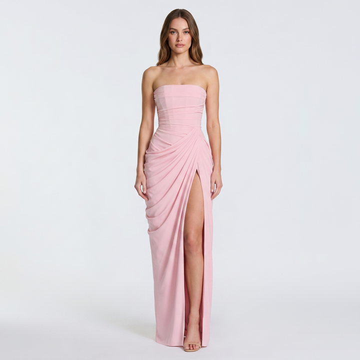 Women's Strapless Maxi Dress Ruched Draped High Split Formal Gown