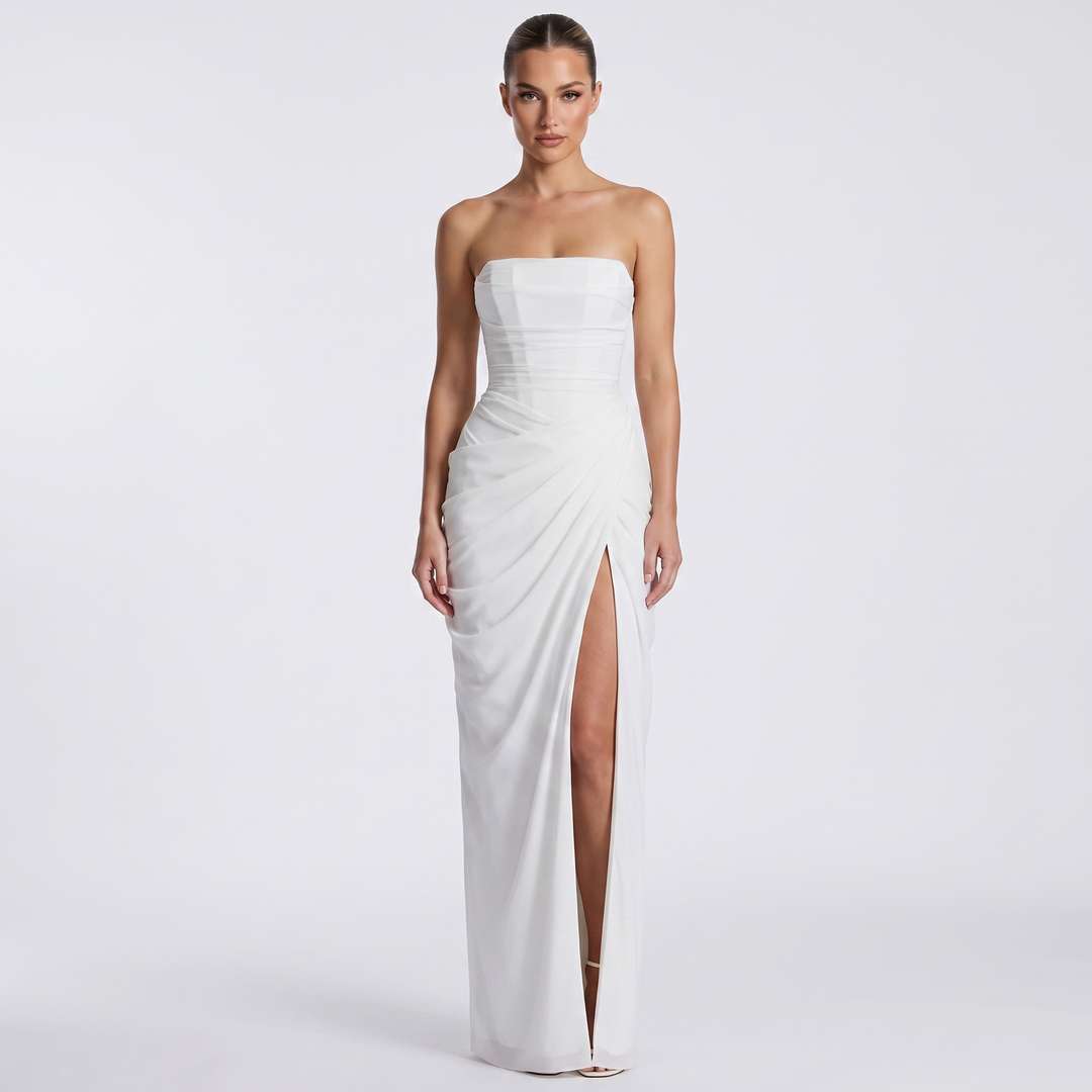 Women's Strapless Maxi Dress Ruched Draped High Split Formal Gown
