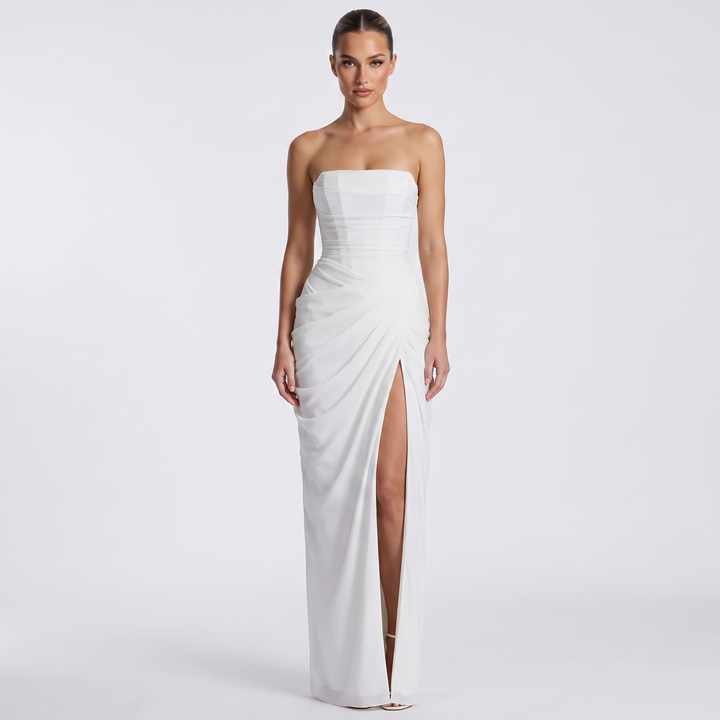 Women's Strapless Maxi Dress Ruched Draped High Split Formal Gown