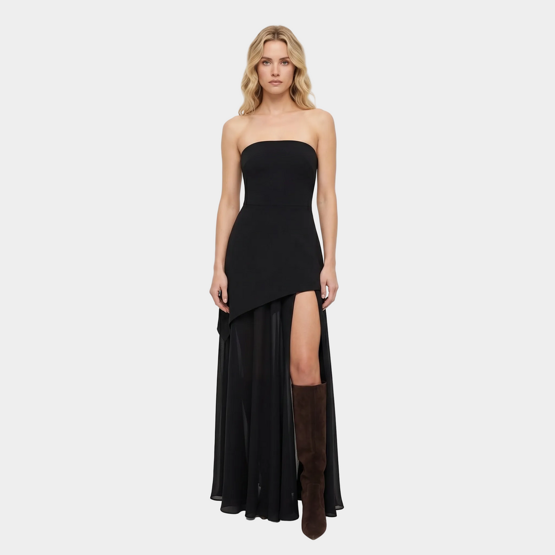 Women's Strapless Maxi Dress Chiffon Overlay Asymmetric Hem Formal