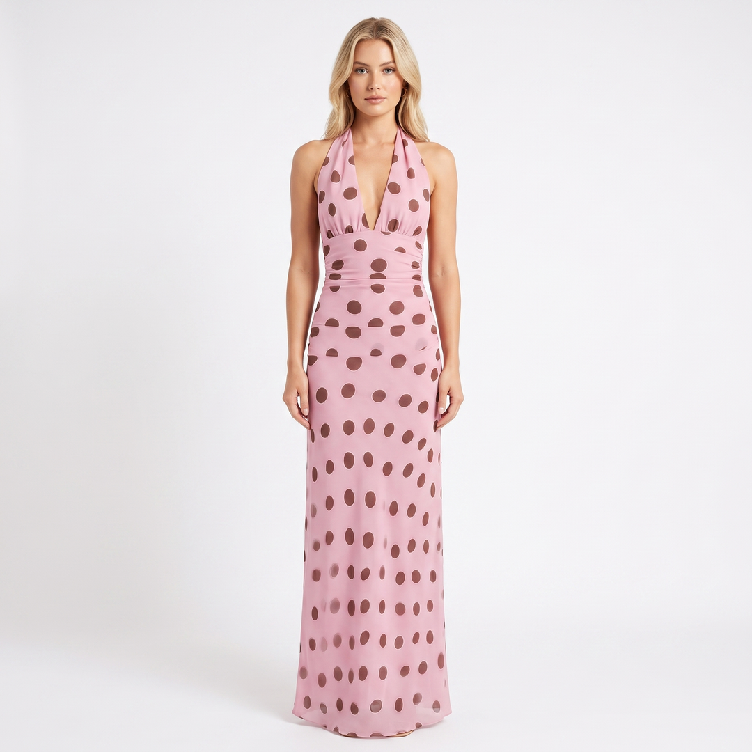 Women's Polka Dot Maxi Dress Halter Deep V Neck Bias Cut Summer