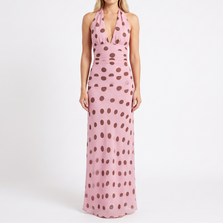 Women's Polka Dot Maxi Dress Halter Deep V Neck Bias Cut Summer