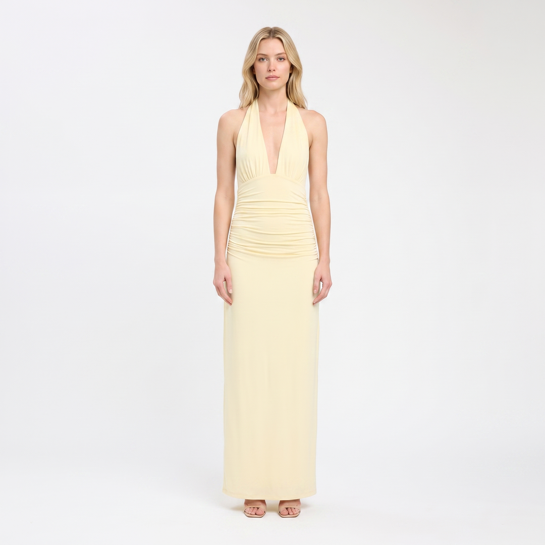 Women's Deep V Halter Neck Maxi Dress Ruched Waist Bodycon