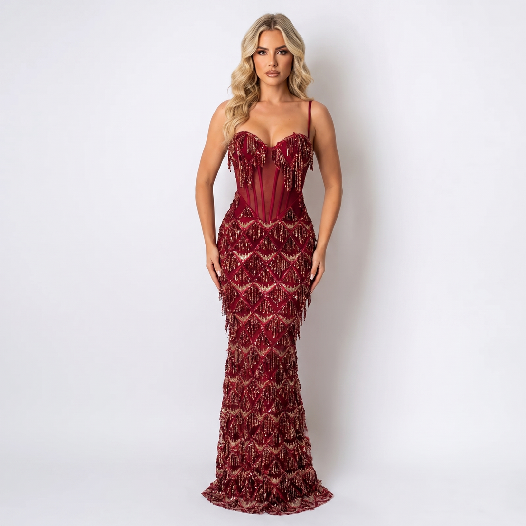 Women's Sequin Fringe Maxi Dress Corset Bodice Mermaid Formal