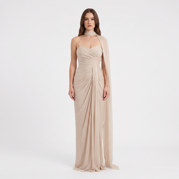 Women's Strapless Maxi Dress Sweetheart Draped Scarf Formal Gown