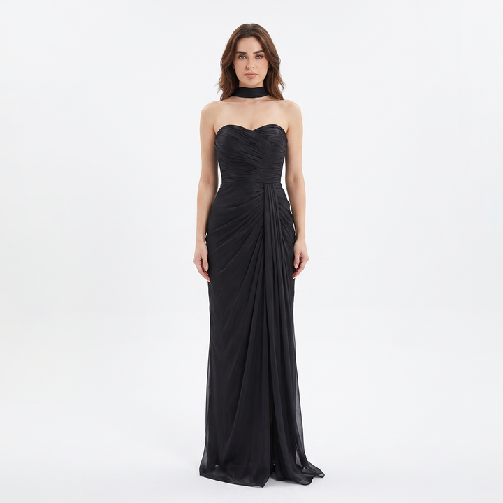 Women's Strapless Maxi Dress Sweetheart Draped Scarf Formal Gown