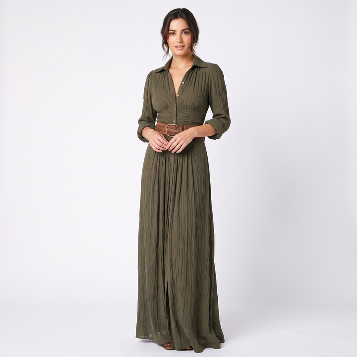 Women's Maxi Shirt Dress Long Sleeve Button Down Ruched High Split