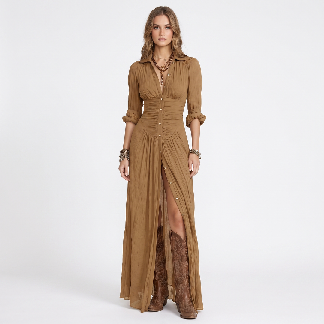 Women's Maxi Shirt Dress Long Sleeve Button Down Ruched High Split
