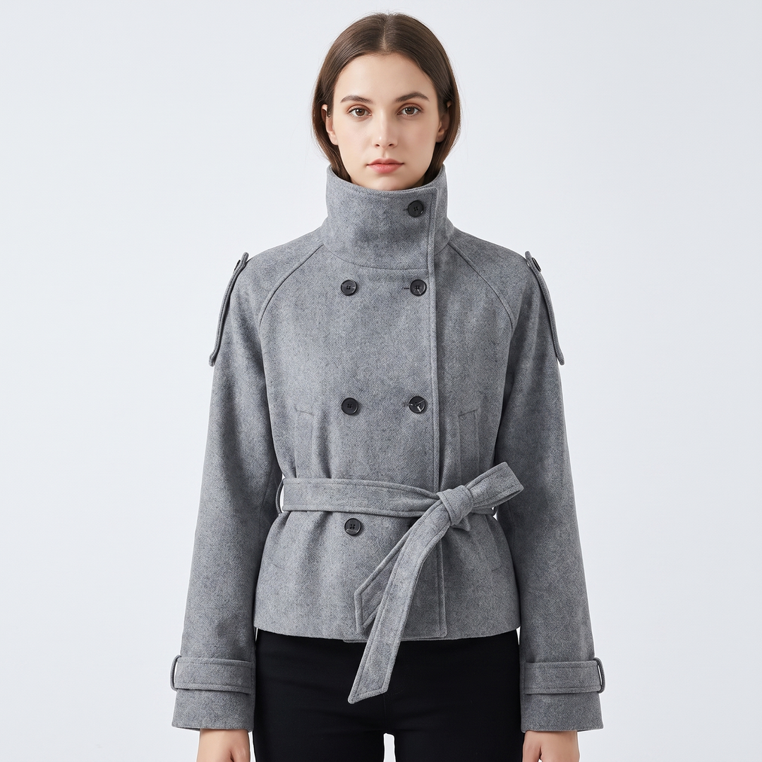 Women's Wool Blend Cropped Coat High Neck Belted Double Breasted Short Winter Jacket