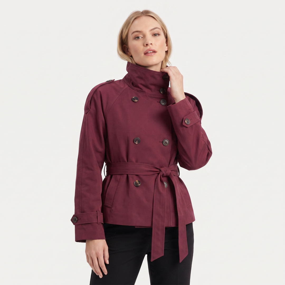 Women's Cropped Trench Coat Double Breasted High Neck Belted Short Jacket Outerwear