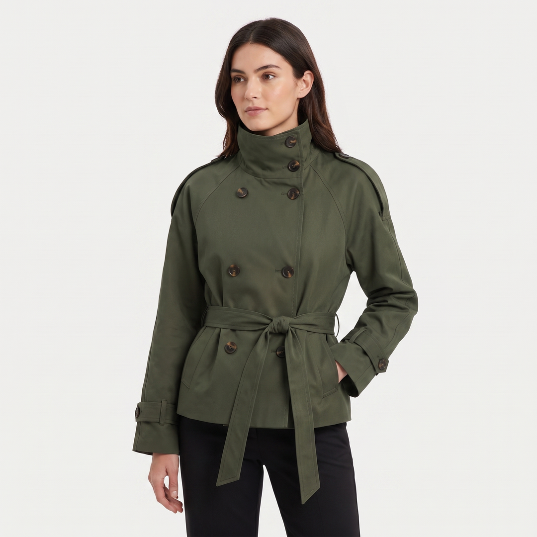 Women's Cropped Trench Coat Double Breasted High Neck Belted Short Jacket Outerwear
