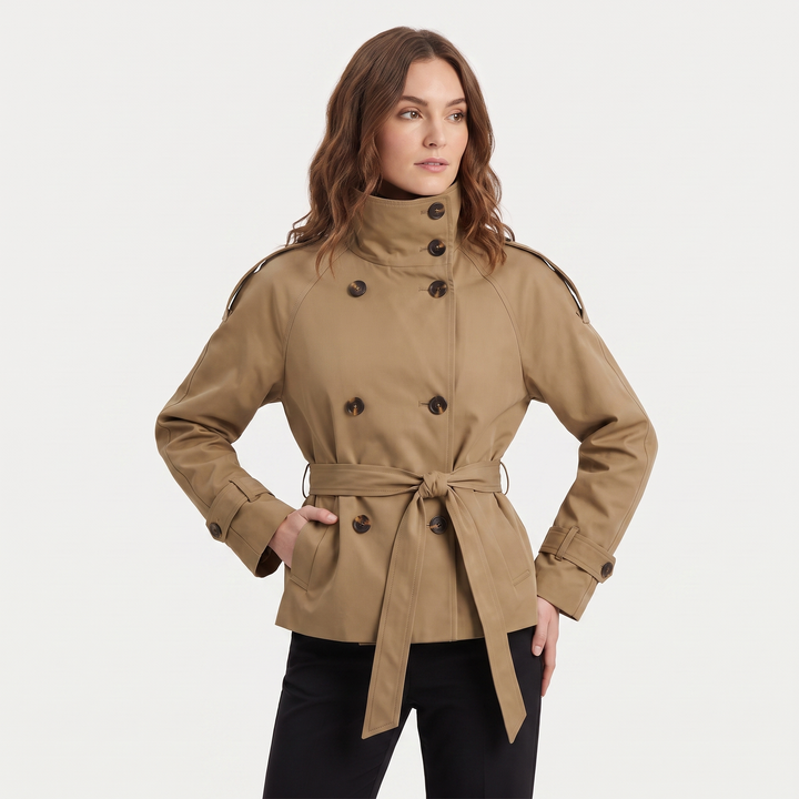 Women's Cropped Trench Coat Double Breasted High Neck Belted Short Jacket Outerwear