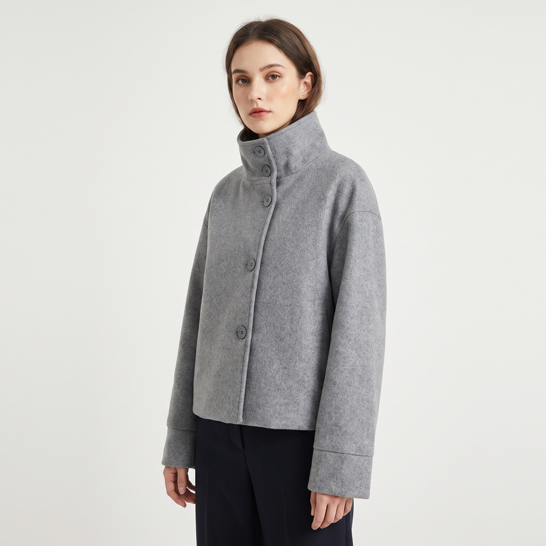 Women's Wool Blend Cropped Jacket Oversized Boxy Button Front Short Winter Coat
