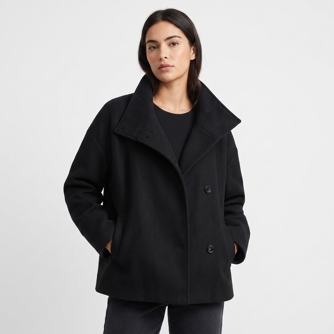 Women's Wool Blend Cropped Jacket Oversized Boxy Button Front Short Winter Coat