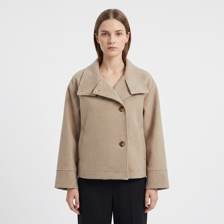 Women's Wool Blend Cropped Jacket Oversized Boxy Button Front Short Winter Coat