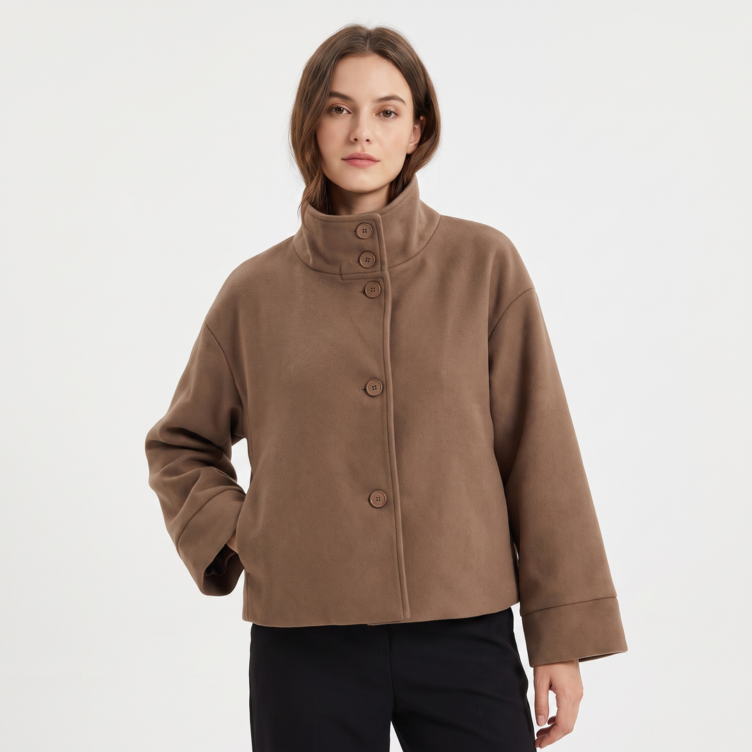 Women's Wool Blend Cropped Jacket Oversized Boxy Button Front Short Winter Coat