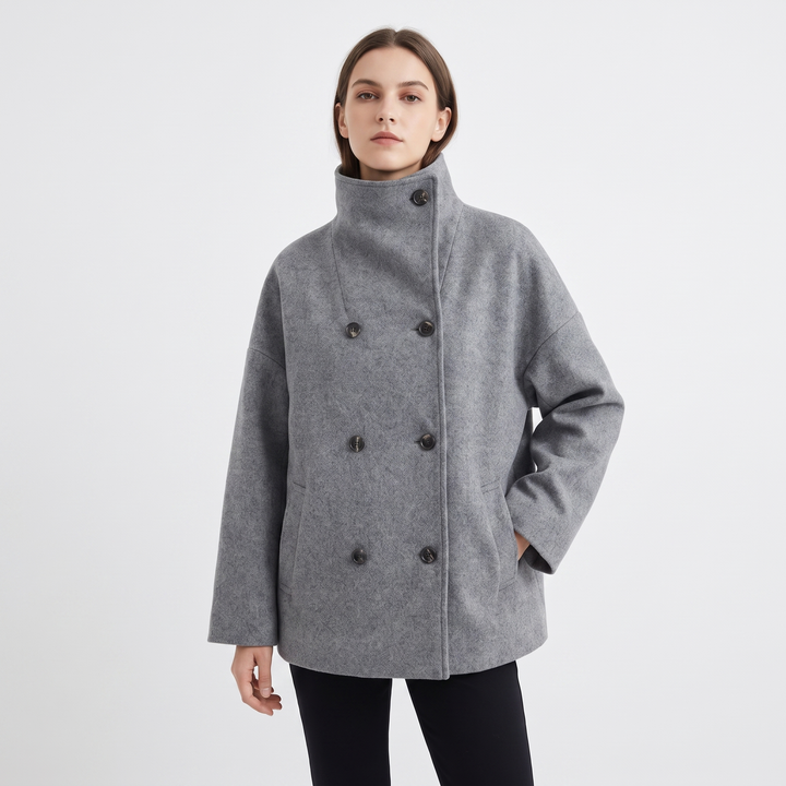 Women's Wool Blend Cropped Jacket Oversized Boxy Button Front Short Winter Coat