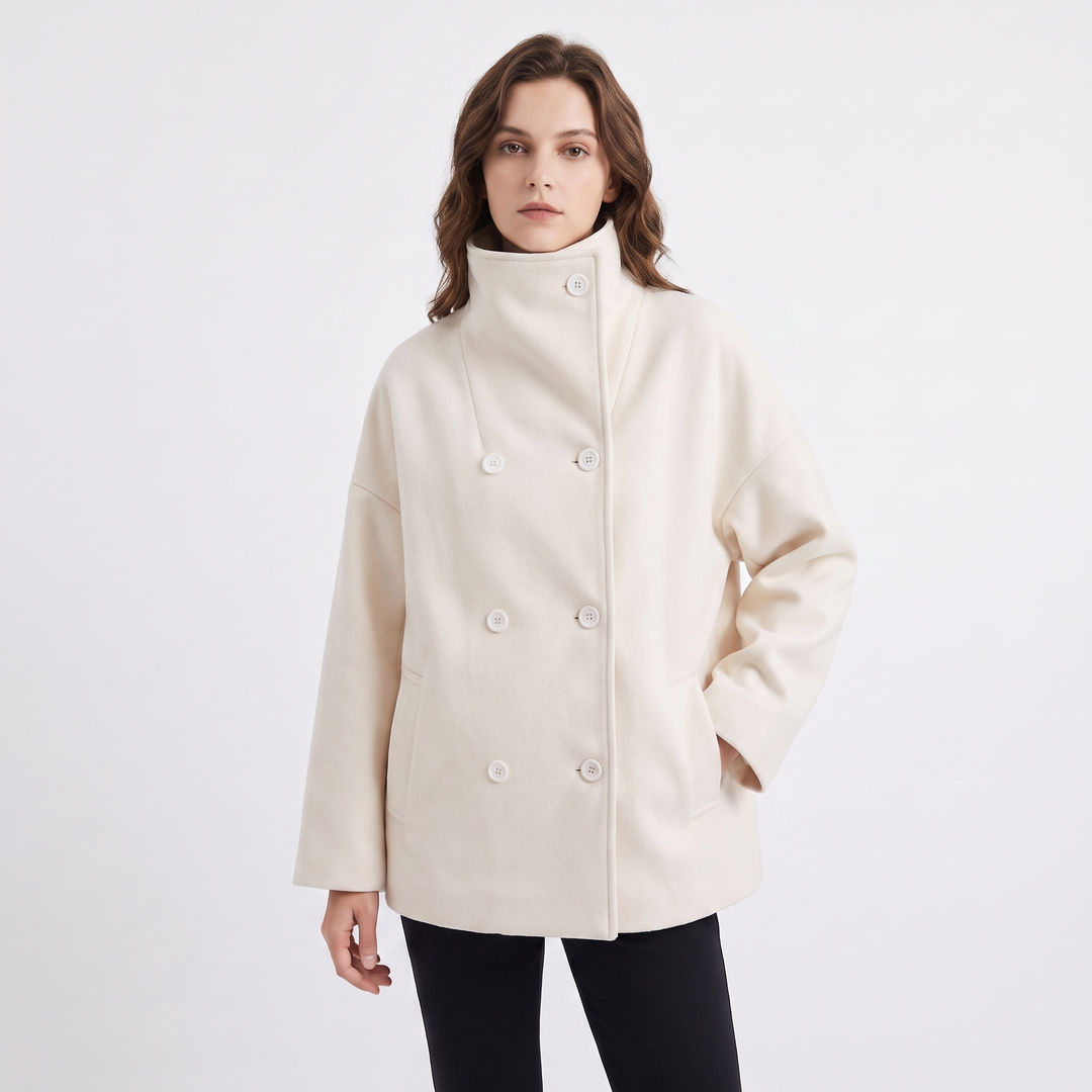 Women's Wool Blend Cropped Jacket Oversized Boxy Button Front Short Winter Coat