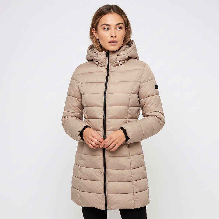 Women's Fitted Hooded Puffer Coat Quilted Zip Up Longline Padded Winter Jacket