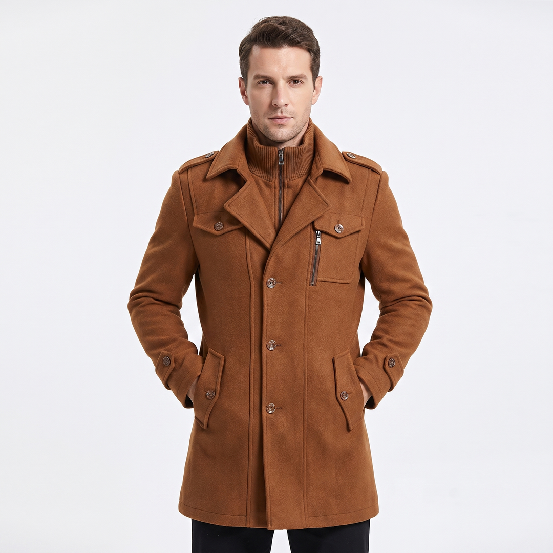 Men's Wool Blend Overcoat Detachable Knit Bib Zip Up Trench Coat Winter Jacket