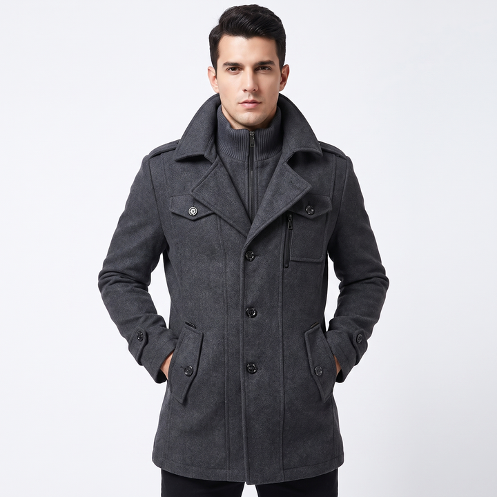 Men's Wool Blend Overcoat Detachable Knit Bib Zip Up Trench Coat Winter Jacket
