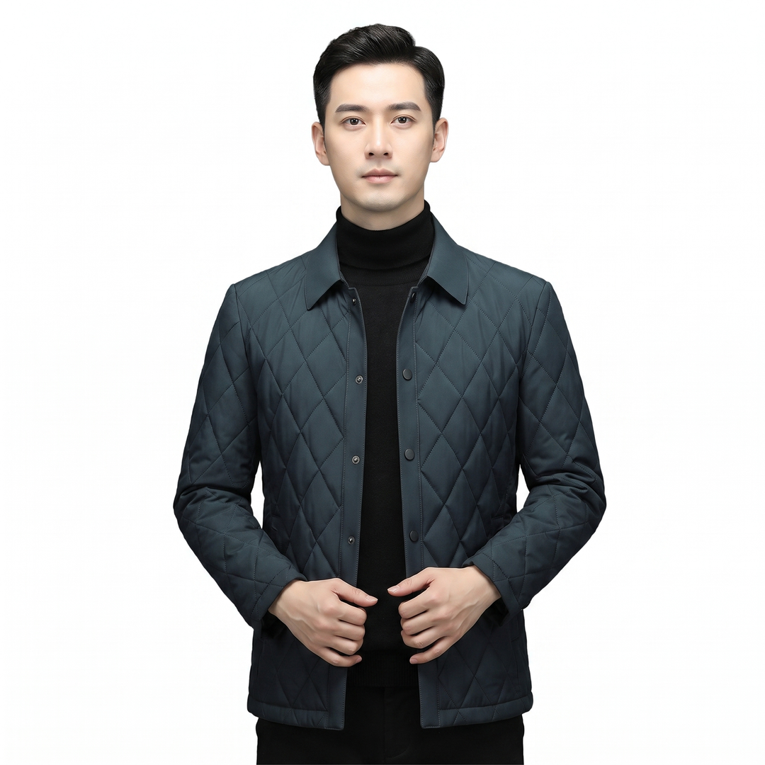 Men's Diamond Quilted Jacket Snap Button Collared Slim Fit Padded Winter Coat