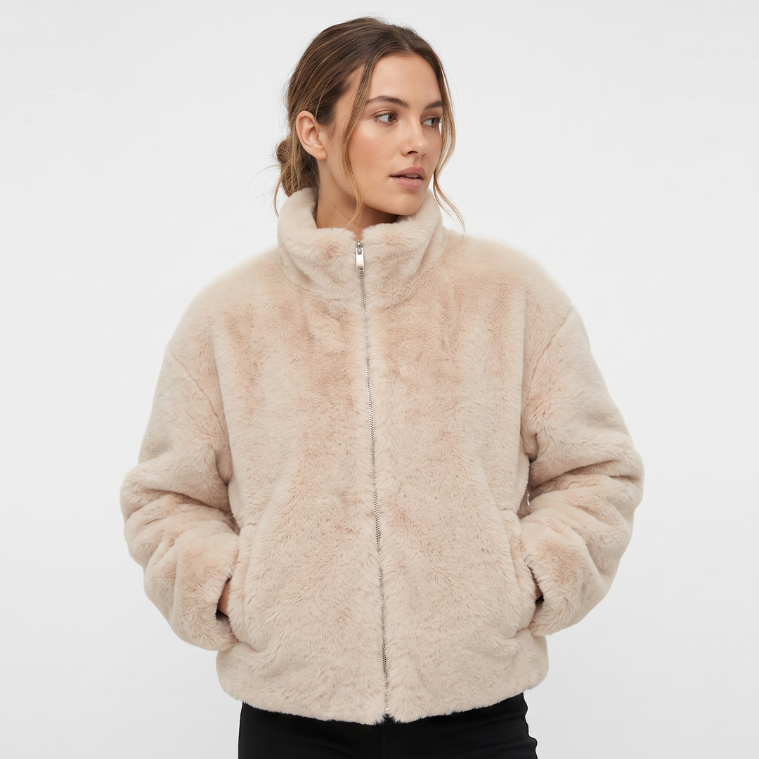 Women's Faux Fur Cropped Jacket Zip Up Stand Collar Fluffy Luxury Winter Coat