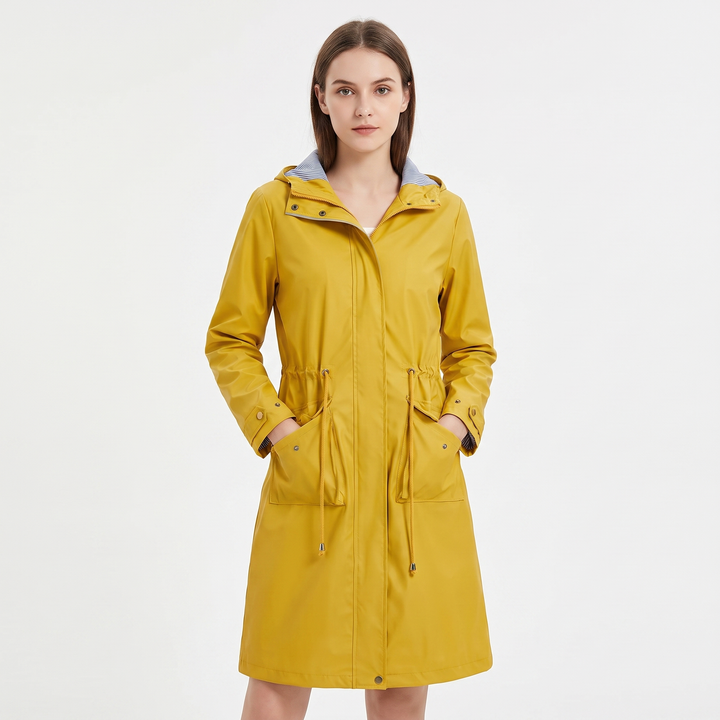 Women's Waterproof Longline Rain Coat Hooded Drawstring Waist Stripe Lined Jacket