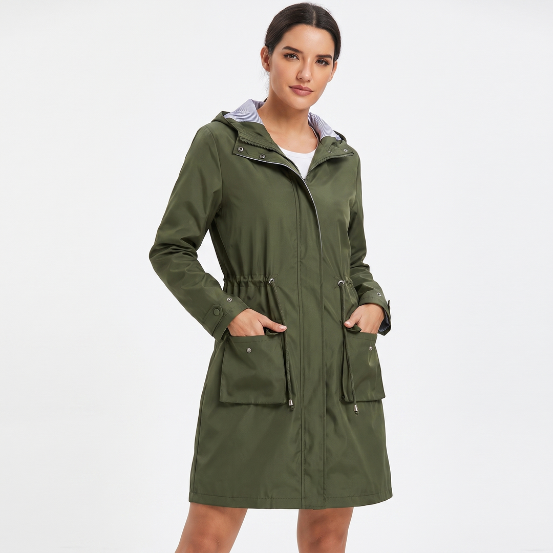 Women's Waterproof Longline Rain Coat Hooded Drawstring Waist Stripe Lined Jacket