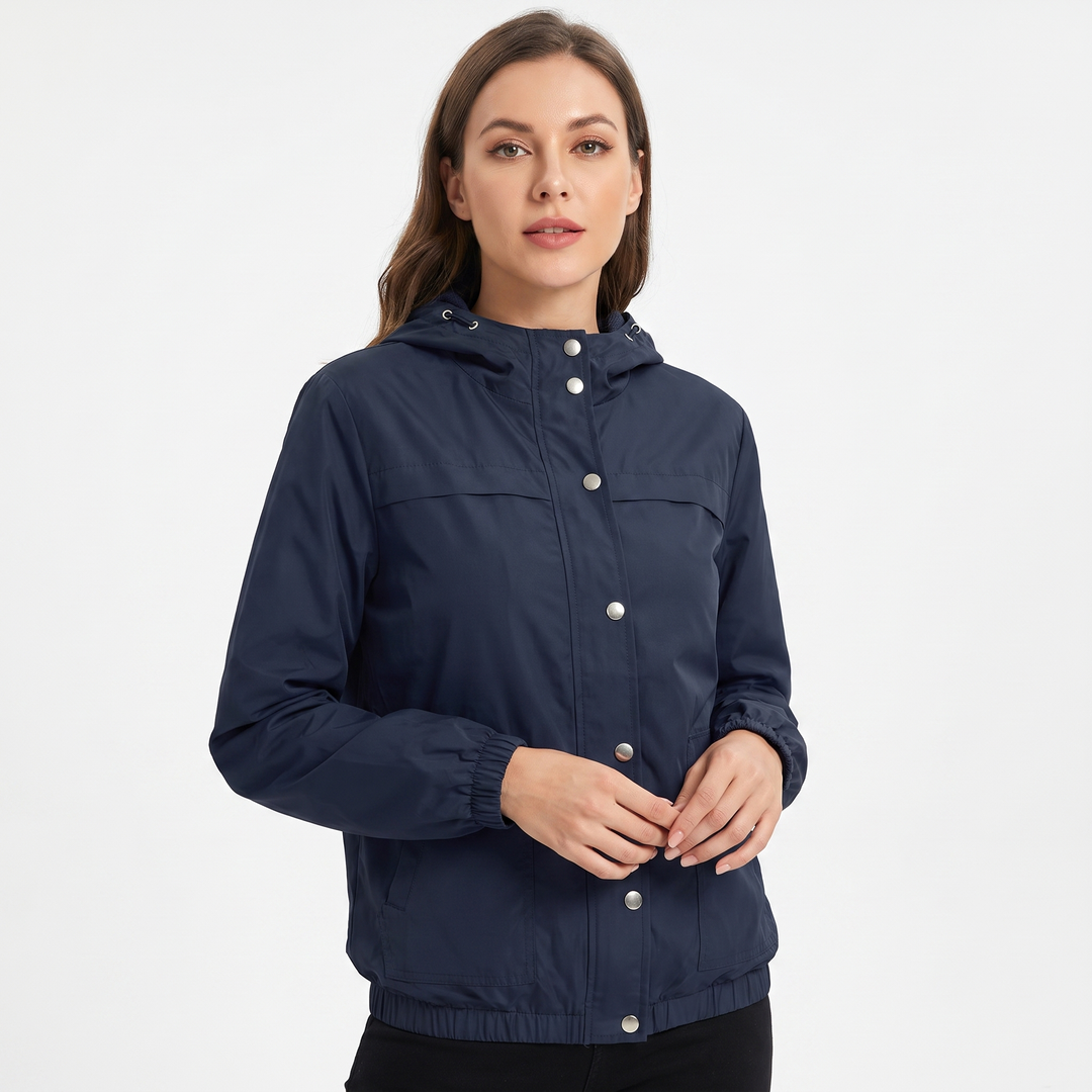 Women's Snap Button Windbreaker Jacket Stand Collar Zip Up Casual Lightweight Coat