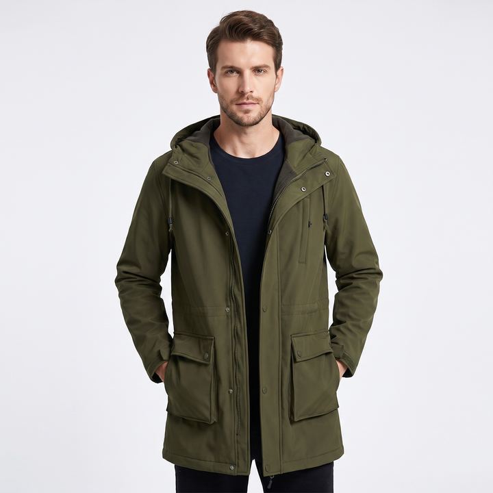 Men's Fleece Lined Softshell Parka Hooded Zip Up Longline Windproof Winter Coat
