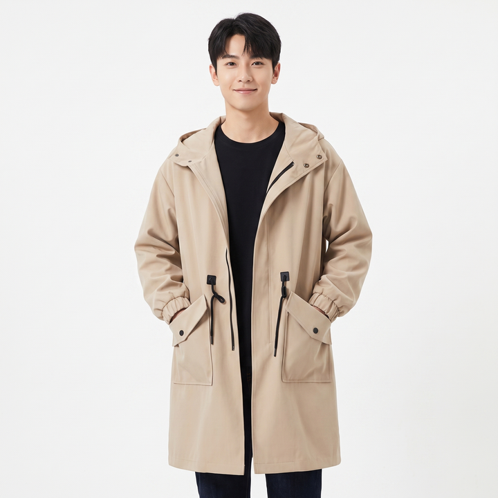 Men's Hooded Longline Trench Coat Oversized Cargo Pocket Casual Windbreaker Jacket