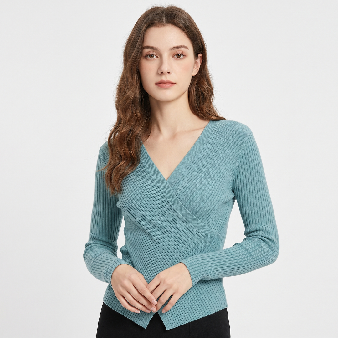 Women's Ribbed Wrap V-Neck Knit Top Long Sleeve Fitted Slim Stretch Pullover