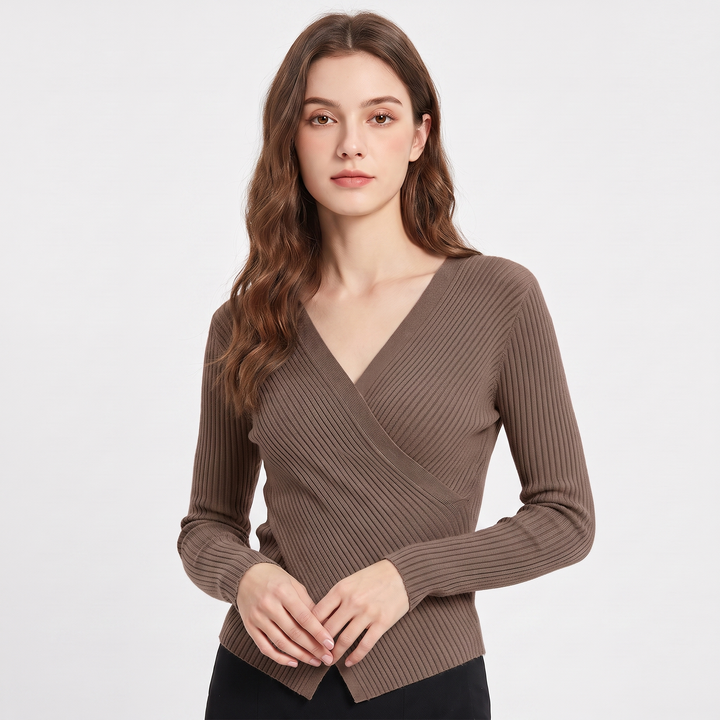 Women's Ribbed Wrap V-Neck Knit Top Long Sleeve Fitted Slim Stretch Pullover