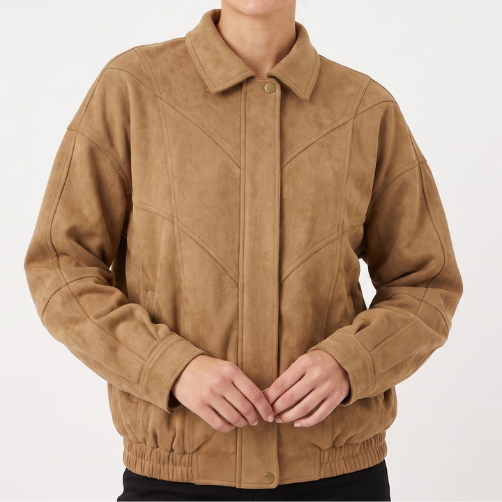 Women's Faux Suede Oversized Bomber Jacket Snap Button Panelled Casual