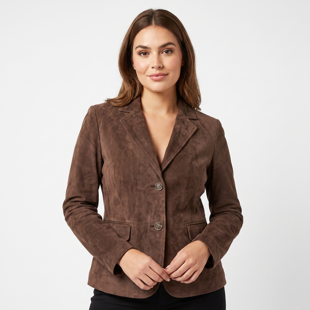 Women's Faux Suede Fitted Blazer Two Button Notch Lapel Smart Casual Jacket