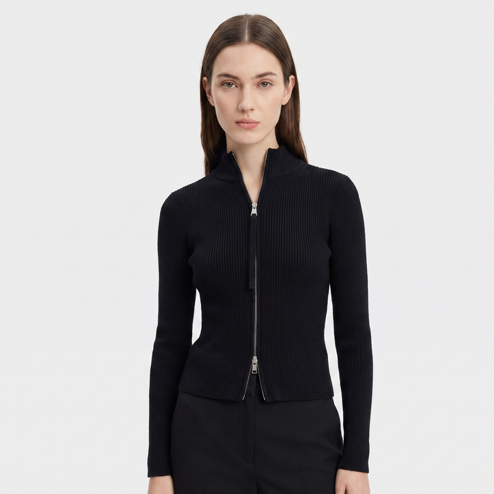 Women's Ribbed Zip Up Fitted Knit Top Turtleneck Long Sleeve Stretch Sweater Top