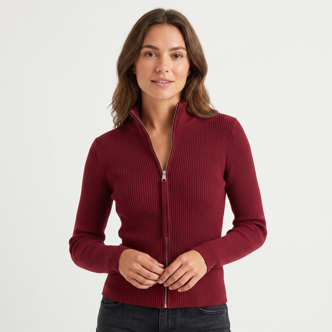 Women's Ribbed Zip Up Fitted Knit Top Turtleneck Long Sleeve Stretch Sweater Top