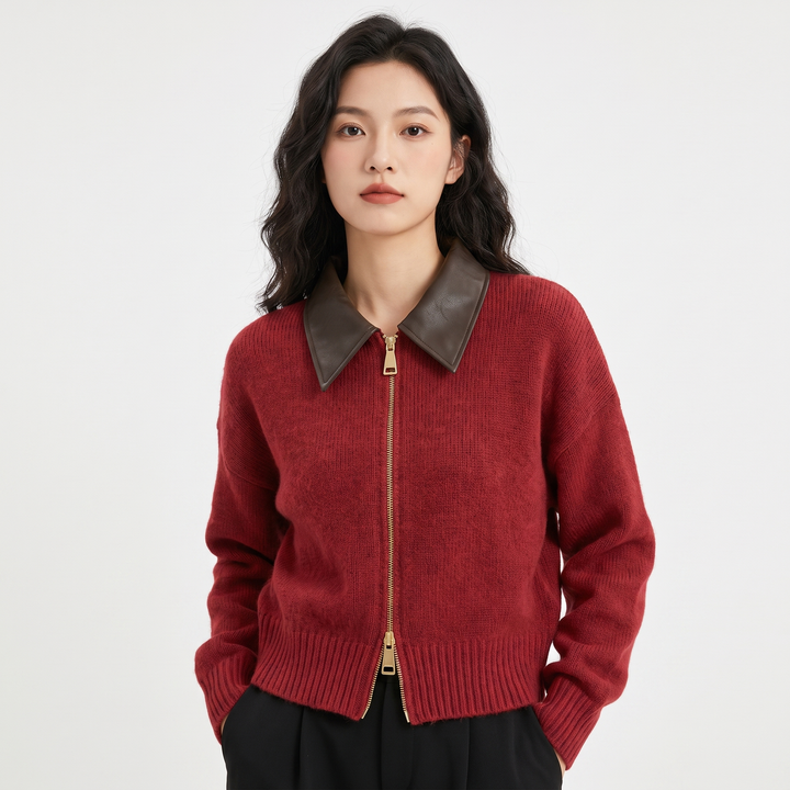 Women's Fluffy Knit Zip Up Cardigan Faux Leather Collar Cropped Sweater Jacket