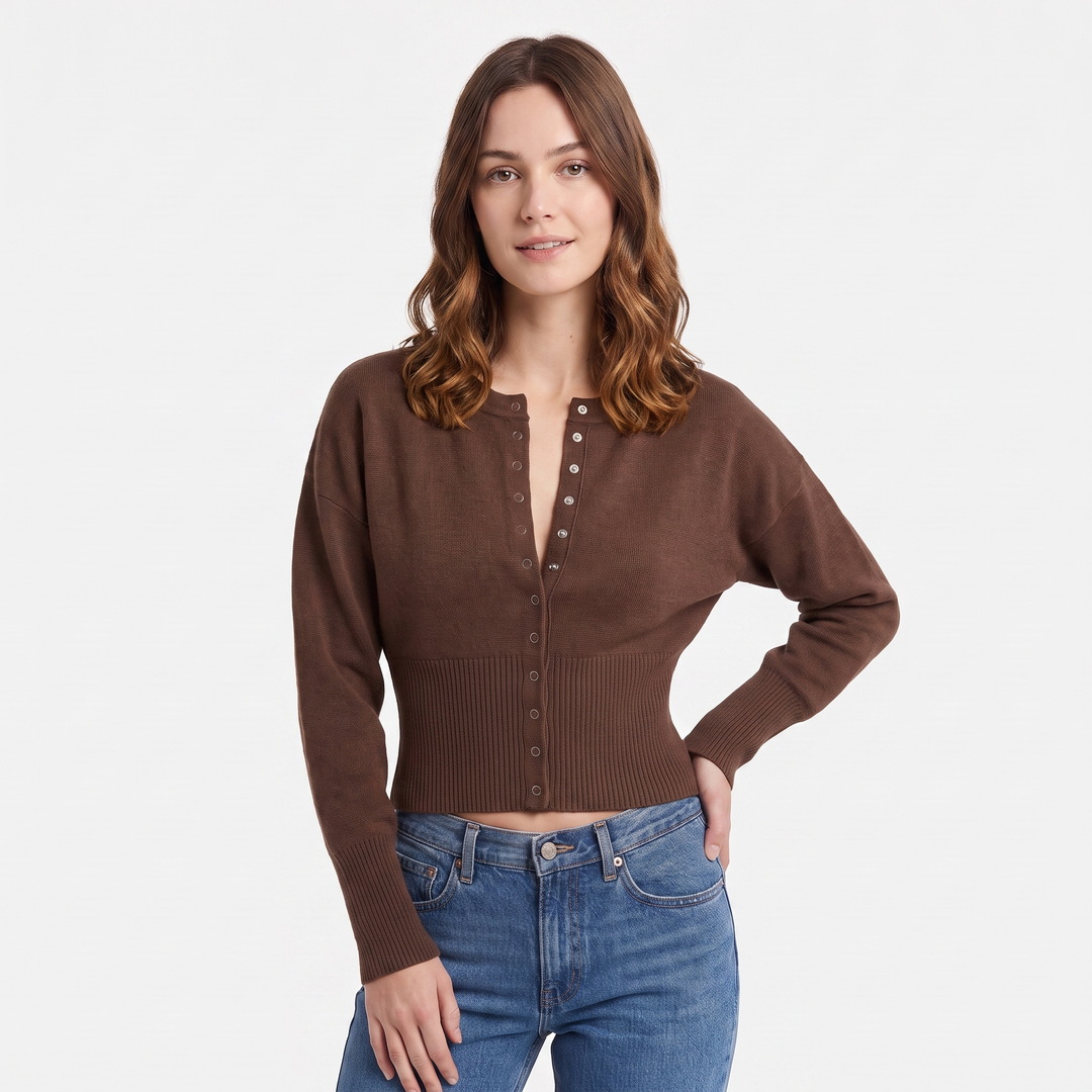 Women's Cropped Button Front Knit Cardigan Crew Neck Ribbed Hem Casual Sweater Top