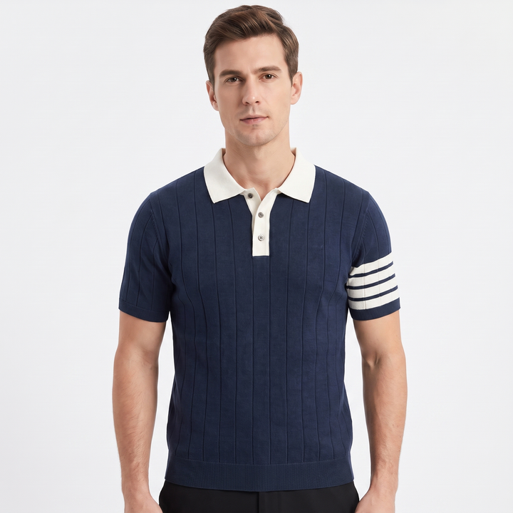 Men's Contrast Collar Knit Polo Shirt Short Sleeve Stripe Detail Smart Casual Top