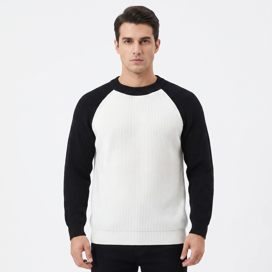 Men's Contrast Raglan Sleeve Ribbed Knit Sweater Crew Neck Casual Pullover Top
